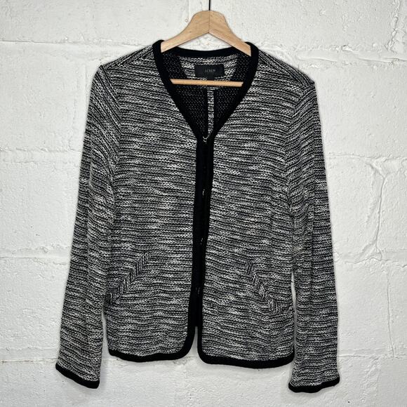 J.Crew Women's Boucle Tweed Cardigan Blazer Black White Size Large Hook & Eye - Picture 1 of 7